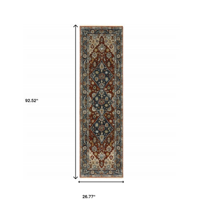 2' X 8' Blue Beige Tan Brown Gold And Rust Red Oriental Power Loom Stain Resistant Runner Rug With Fringe