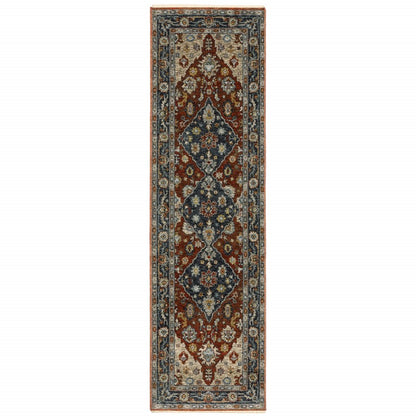 2' X 8' Blue Beige Tan Brown Gold And Rust Red Oriental Power Loom Stain Resistant Runner Rug With Fringe