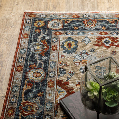 2' X 8' Blue Beige Tan Brown Gold And Rust Red Oriental Power Loom Stain Resistant Runner Rug With Fringe