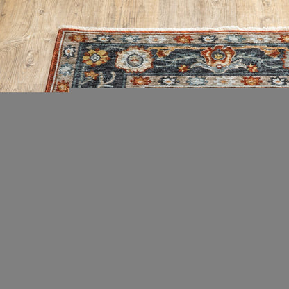 2' X 8' Blue Beige Tan Brown Gold And Rust Red Oriental Power Loom Stain Resistant Runner Rug With Fringe
