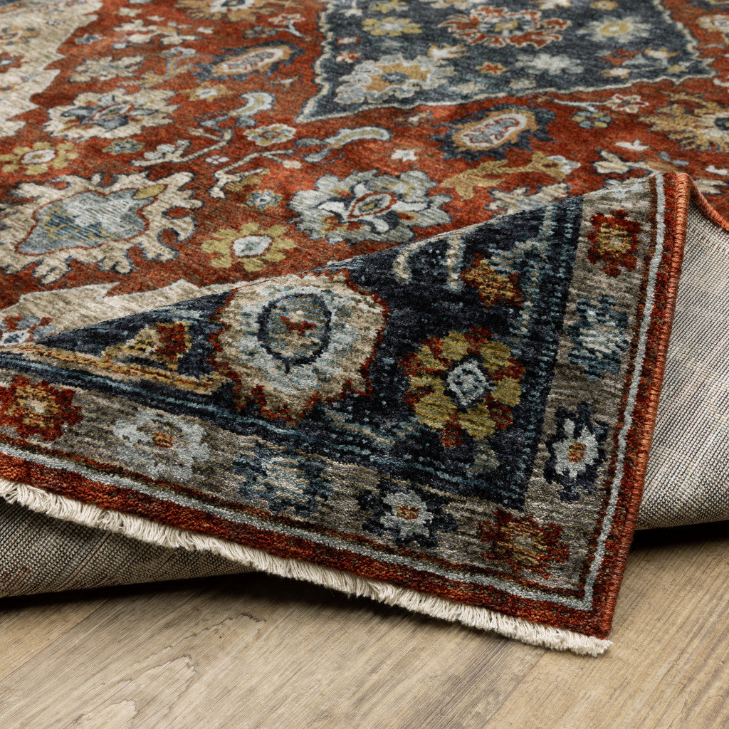 2' X 8' Blue Beige Tan Brown Gold And Rust Red Oriental Power Loom Stain Resistant Runner Rug With Fringe