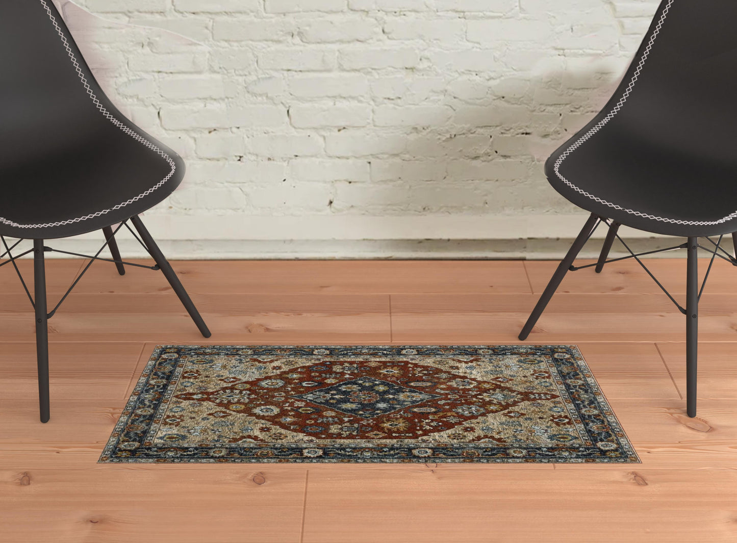 2' X 3' Blue Beige Tan Brown Gold And Rust Red Oriental Power Loom Stain Resistant Area Rug With Fringe