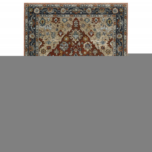 2' X 3' Blue Beige Tan Brown Gold And Rust Red Oriental Power Loom Stain Resistant Area Rug With Fringe