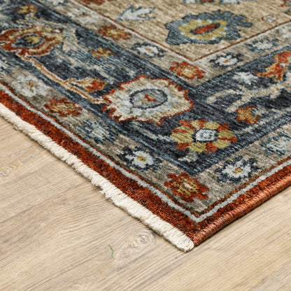 2' X 3' Blue Beige Tan Brown Gold And Rust Red Oriental Power Loom Stain Resistant Area Rug With Fringe