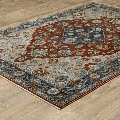 2' X 3' Blue Beige Tan Brown Gold And Rust Red Oriental Power Loom Stain Resistant Area Rug With Fringe