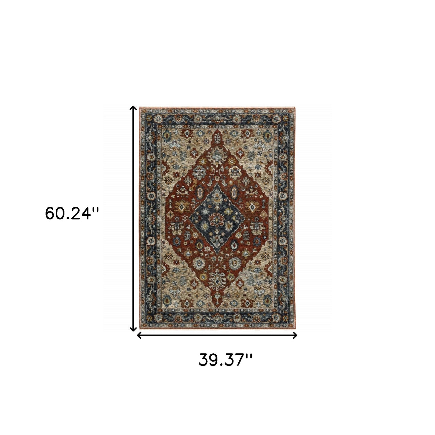 3' X 5' Blue Beige Tan Brown Gold And Rust Red Oriental Power Loom Stain Resistant Area Rug With Fringe