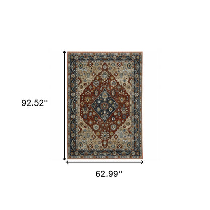 5' X 8' Blue Beige Tan Brown Gold And Rust Red Oriental Power Loom Stain Resistant Area Rug With Fringe