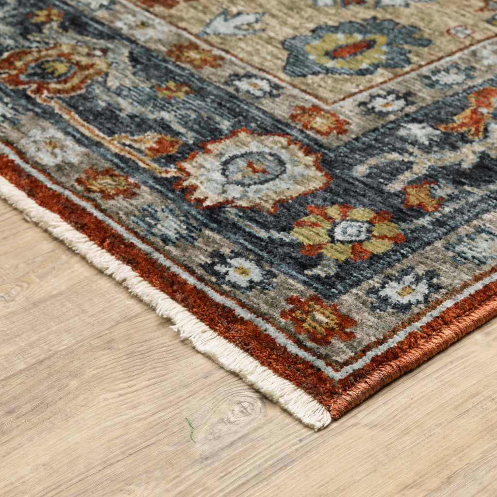 5' X 8' Blue Beige Tan Brown Gold And Rust Red Oriental Power Loom Stain Resistant Area Rug With Fringe