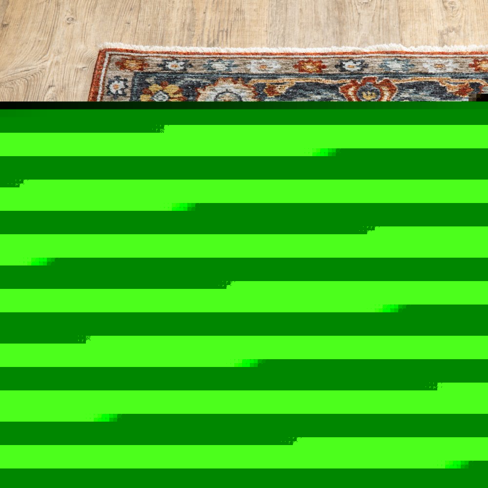 5' X 8' Blue Beige Tan Brown Gold And Rust Red Oriental Power Loom Stain Resistant Area Rug With Fringe