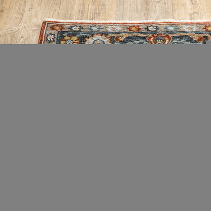5' X 8' Blue Beige Tan Brown Gold And Rust Red Oriental Power Loom Stain Resistant Area Rug With Fringe