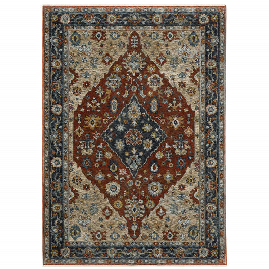 6' X 9' Blue Beige Tan Brown Gold And Rust Red Oriental Power Loom Stain Resistant Area Rug With Fringe