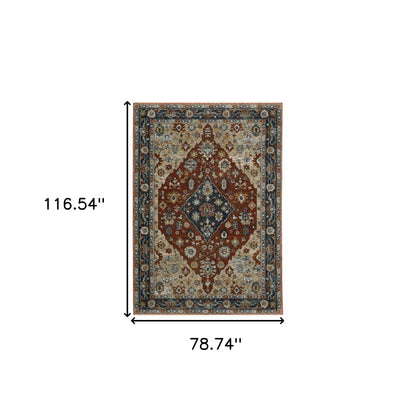 6' X 9' Blue Beige Tan Brown Gold And Rust Red Oriental Power Loom Stain Resistant Area Rug With Fringe