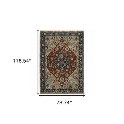7' X 10' Red And Blue Oriental Area Rug With Fringe