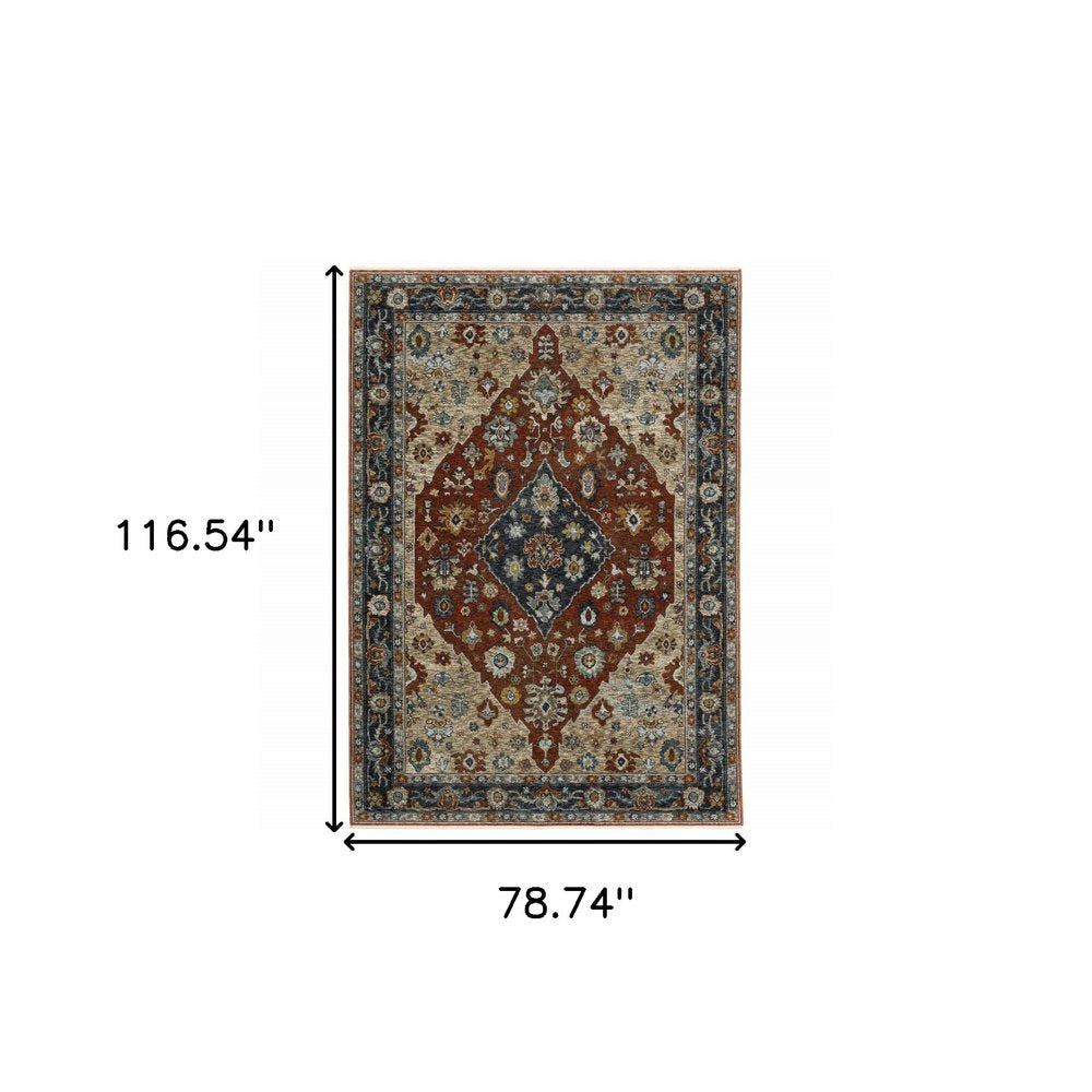 7' X 10' Red And Blue Oriental Area Rug With Fringe