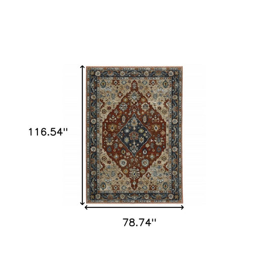 7' X 10' Red And Blue Oriental Area Rug With Fringe