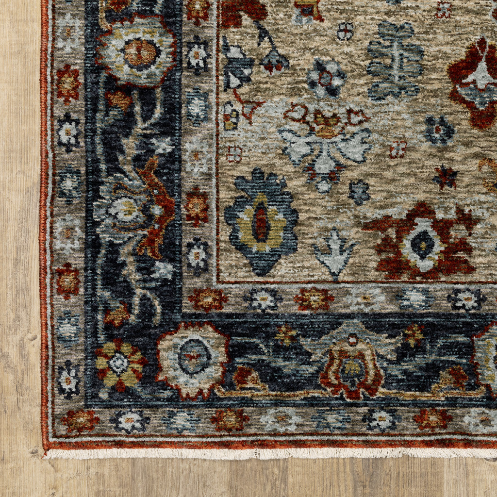 6' X 9' Blue Beige Tan Brown Gold And Rust Red Oriental Power Loom Stain Resistant Area Rug With Fringe