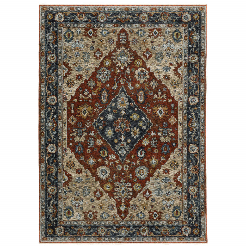 8' X 11' Blue Beige Tan Brown Gold And Rust Red Oriental Power Loom Stain Resistant Area Rug With Fringe