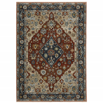 8' X 11' Blue Beige Tan Brown Gold And Rust Red Oriental Power Loom Stain Resistant Area Rug With Fringe