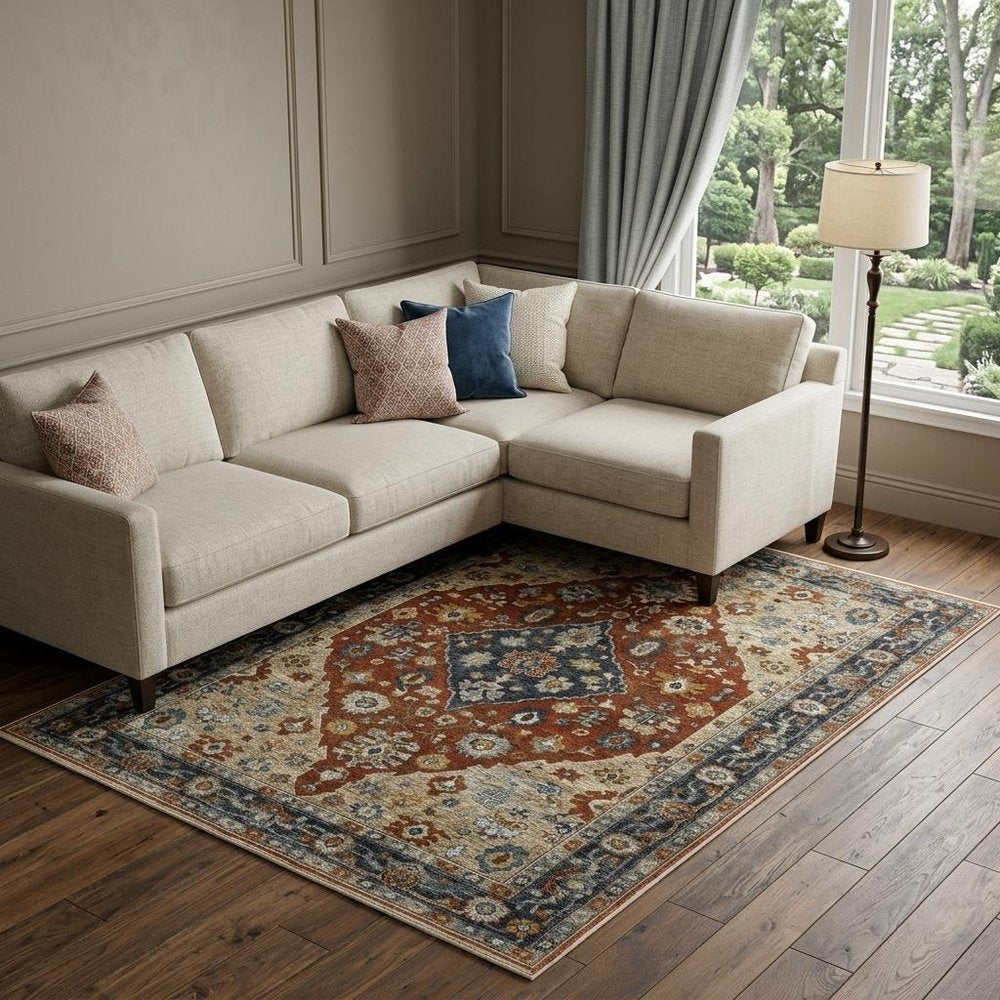 8' X 11' Red And Blue Oriental Area Rug With Fringe