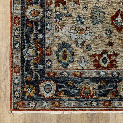 8' X 11' Blue Beige Tan Brown Gold And Rust Red Oriental Power Loom Stain Resistant Area Rug With Fringe