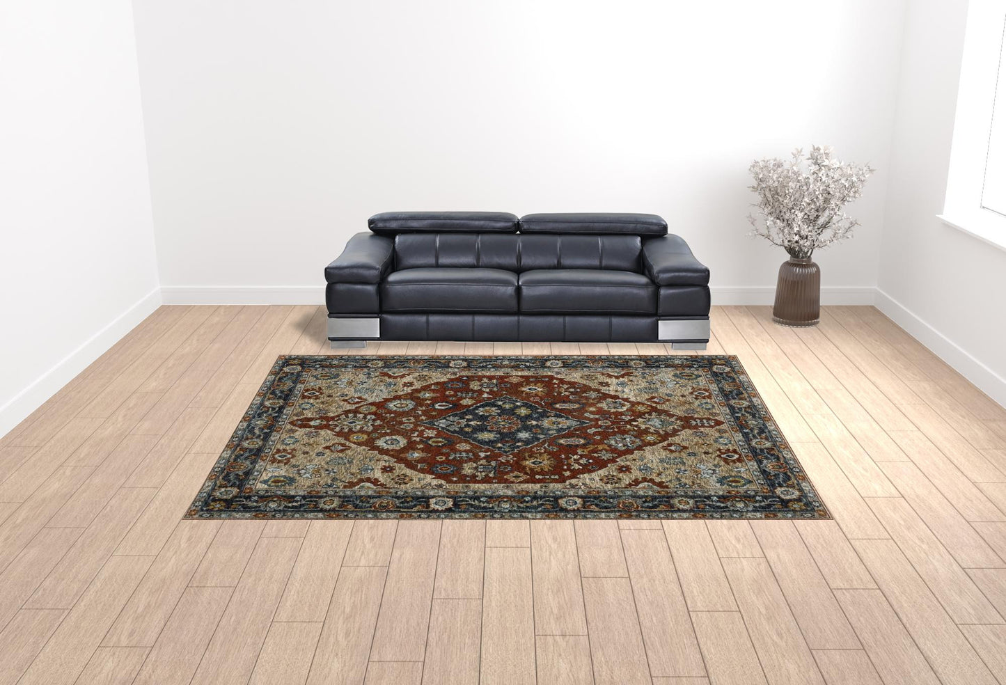 10' X 13' Blue Beige Tan Brown Gold And Rust Red Oriental Power Loom Stain Resistant Area Rug With Fringe