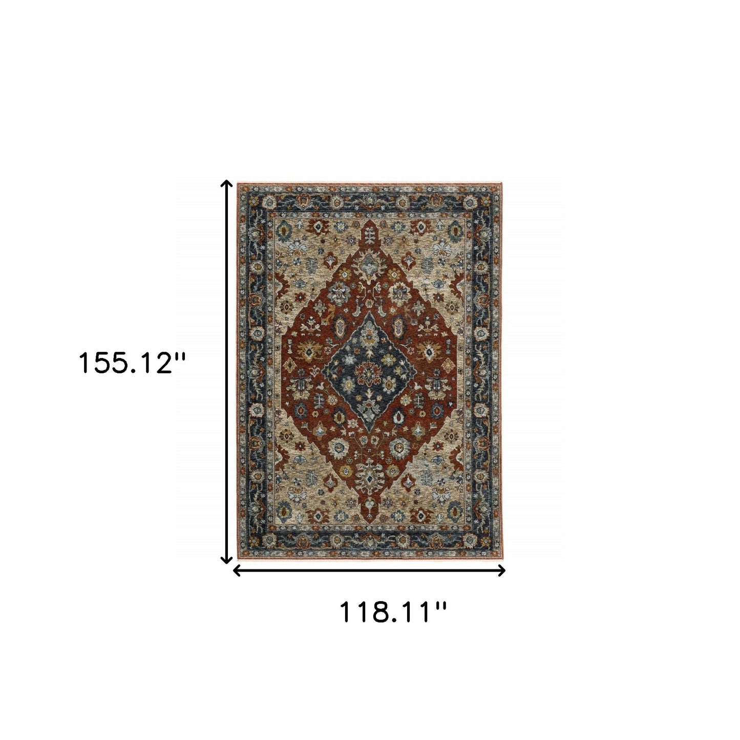 10' X 13' Blue Beige Tan Brown Gold And Rust Red Oriental Power Loom Stain Resistant Area Rug With Fringe