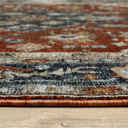 10' X 13' Blue Beige Tan Brown Gold And Rust Red Oriental Power Loom Stain Resistant Area Rug With Fringe