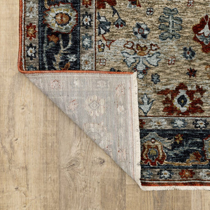 10' X 13' Blue Beige Tan Brown Gold And Rust Red Oriental Power Loom Stain Resistant Area Rug With Fringe