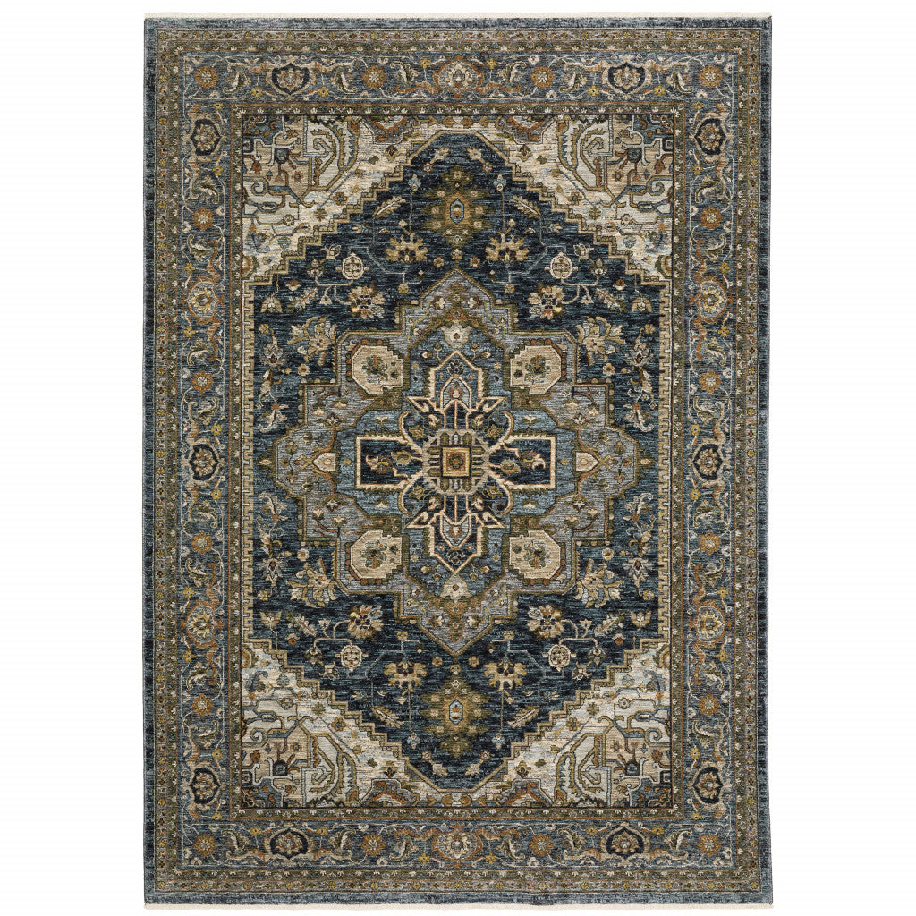 2' X 3' Blue Taupe Grey Green Rust Tan Beige And Gold Oriental Power Loom Stain Resistant Area Rug With Fringe