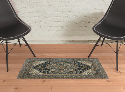 2' X 3' Blue Taupe Grey Green Rust Tan Beige And Gold Oriental Power Loom Stain Resistant Area Rug With Fringe