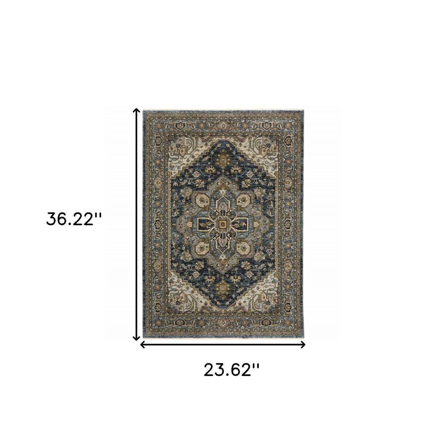 2' X 3' Blue Taupe Grey Green Rust Tan Beige And Gold Oriental Power Loom Stain Resistant Area Rug With Fringe