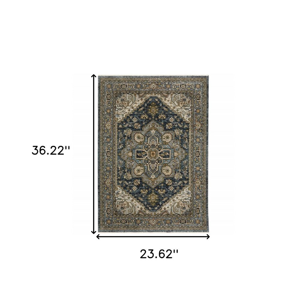 2' X 3' Blue Taupe Grey Green Rust Tan Beige And Gold Oriental Power Loom Stain Resistant Area Rug With Fringe