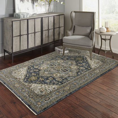 2' X 3' Blue Taupe Grey Green Rust Tan Beige And Gold Oriental Power Loom Stain Resistant Area Rug With Fringe