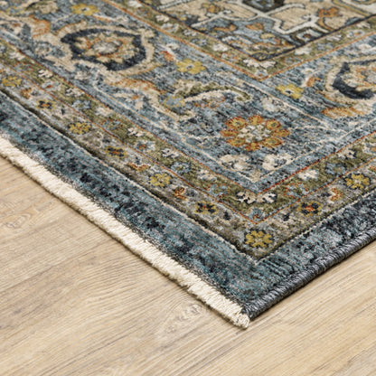 2' X 3' Blue Taupe Grey Green Rust Tan Beige And Gold Oriental Power Loom Stain Resistant Area Rug With Fringe