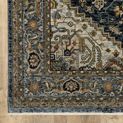 2' X 3' Blue Taupe Grey Green Rust Tan Beige And Gold Oriental Power Loom Stain Resistant Area Rug With Fringe