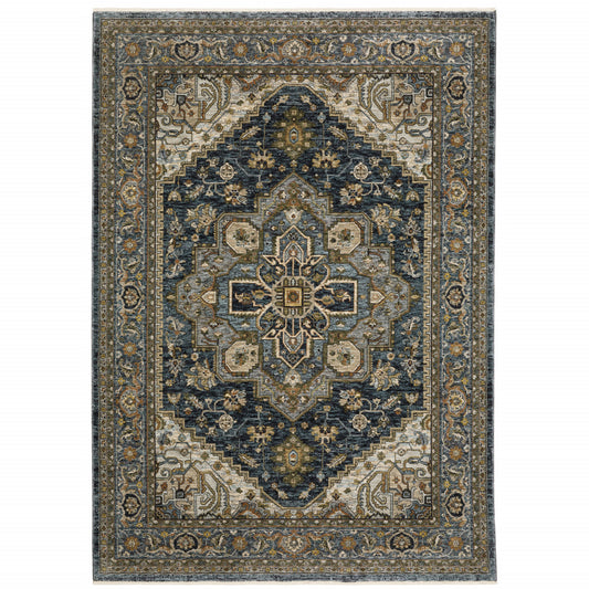 3' X 5' Blue And Green Oriental Power Loom Area Rug With Fringe