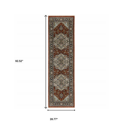 2' X 8' Blue Beige Grey Gold Green And Rust Red Oriental Power Loom Stain Resistant Runner Rug With Fringe