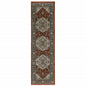 2' X 8' Blue Beige Grey Gold Green And Rust Red Oriental Power Loom Stain Resistant Runner Rug With Fringe