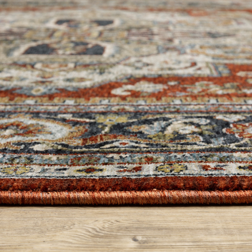 2' X 8' Blue Beige Grey Gold Green And Rust Red Oriental Power Loom Stain Resistant Runner Rug With Fringe