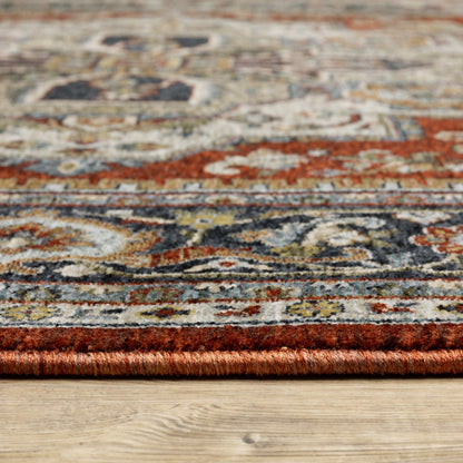 2' X 8' Blue Beige Grey Gold Green And Rust Red Oriental Power Loom Stain Resistant Runner Rug With Fringe