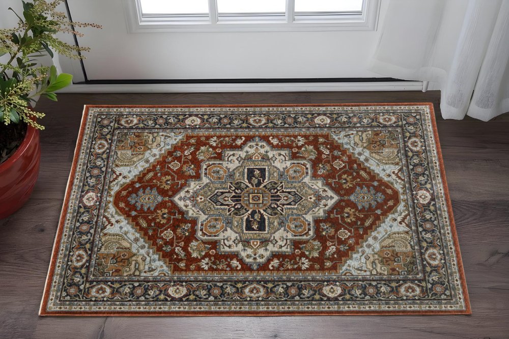 2' X 3' Blue Beige Grey Gold Green And Rust Red Oriental Power Loom Stain Resistant Area Rug With Fringe