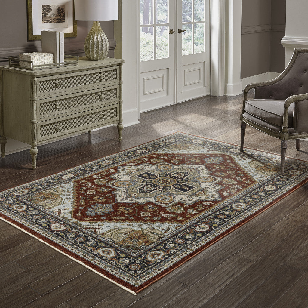 2' X 3' Blue Beige Grey Gold Green And Rust Red Oriental Power Loom Stain Resistant Area Rug With Fringe