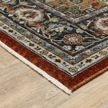 2' X 3' Blue Beige Grey Gold Green And Rust Red Oriental Power Loom Stain Resistant Area Rug With Fringe