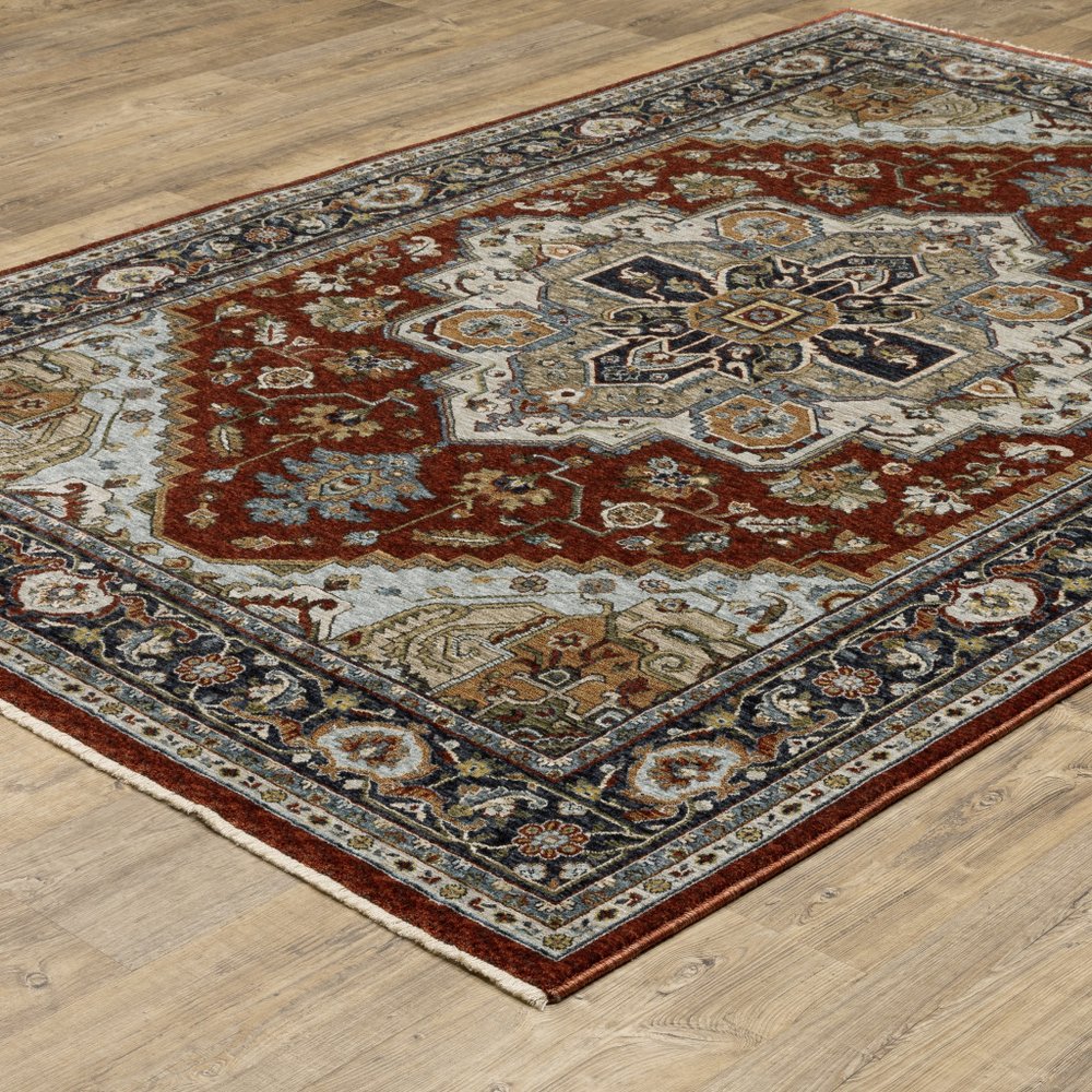 2' X 3' Blue Beige Grey Gold Green And Rust Red Oriental Power Loom Stain Resistant Area Rug With Fringe