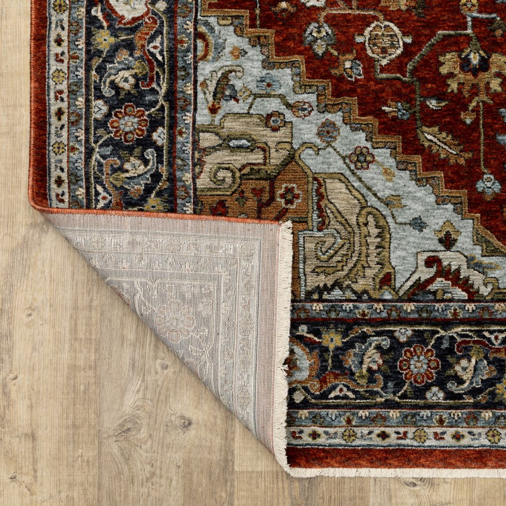 2' X 3' Blue Beige Grey Gold Green And Rust Red Oriental Power Loom Stain Resistant Area Rug With Fringe