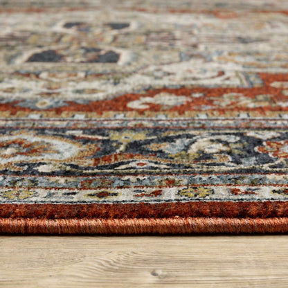 3' X 5' Blue Beige Grey Gold Green And Rust Red Oriental Power Loom Stain Resistant Area Rug With Fringe