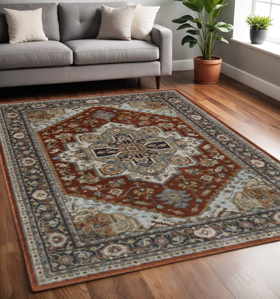 5' X 8' Blue Beige Grey Gold Green And Rust Red Oriental Power Loom Stain Resistant Area Rug With Fringe