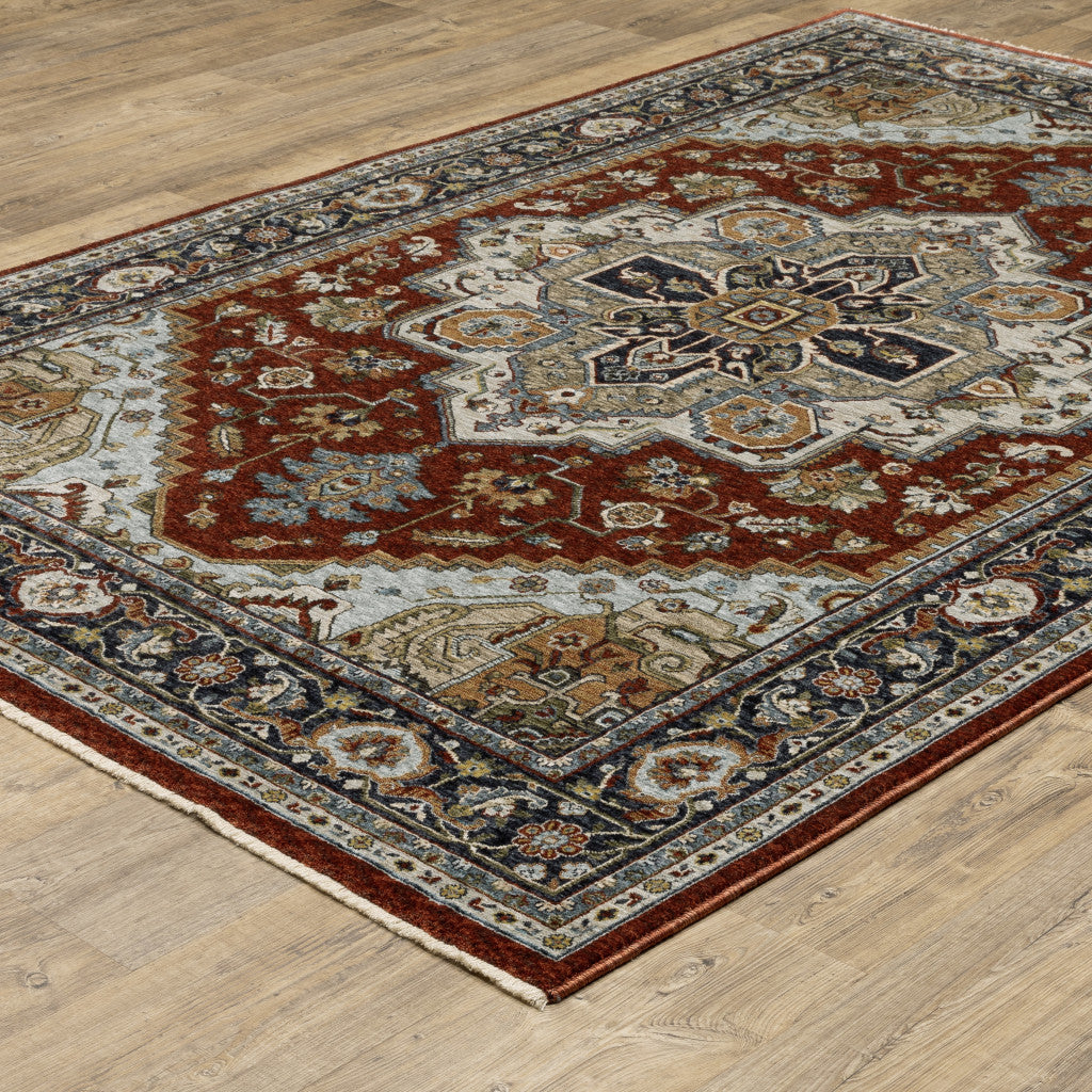 5' X 8' Blue Beige Grey Gold Green And Rust Red Oriental Power Loom Stain Resistant Area Rug With Fringe