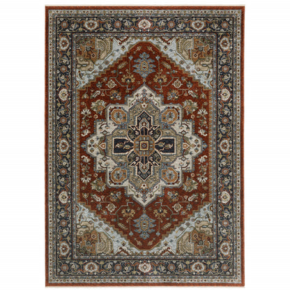 7' X 10' Blue and Beige Oriental Power Loom Area Rug With Fringe