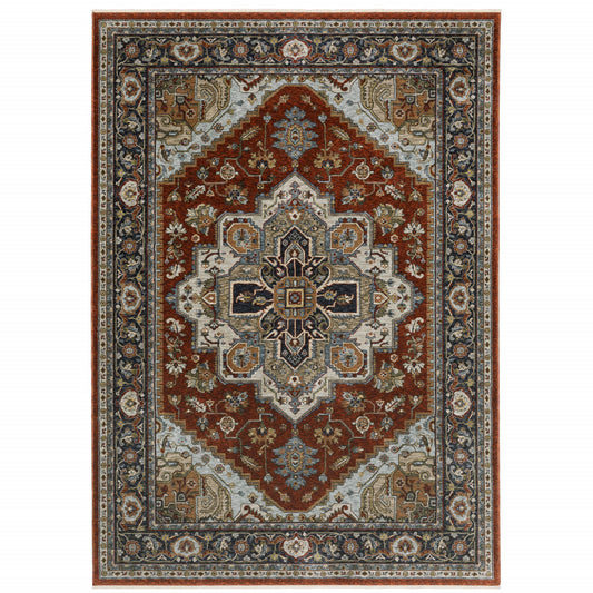 6' X 9' Blue Beige Grey Gold Green And Rust Red Oriental Power Loom Stain Resistant Area Rug With Fringe